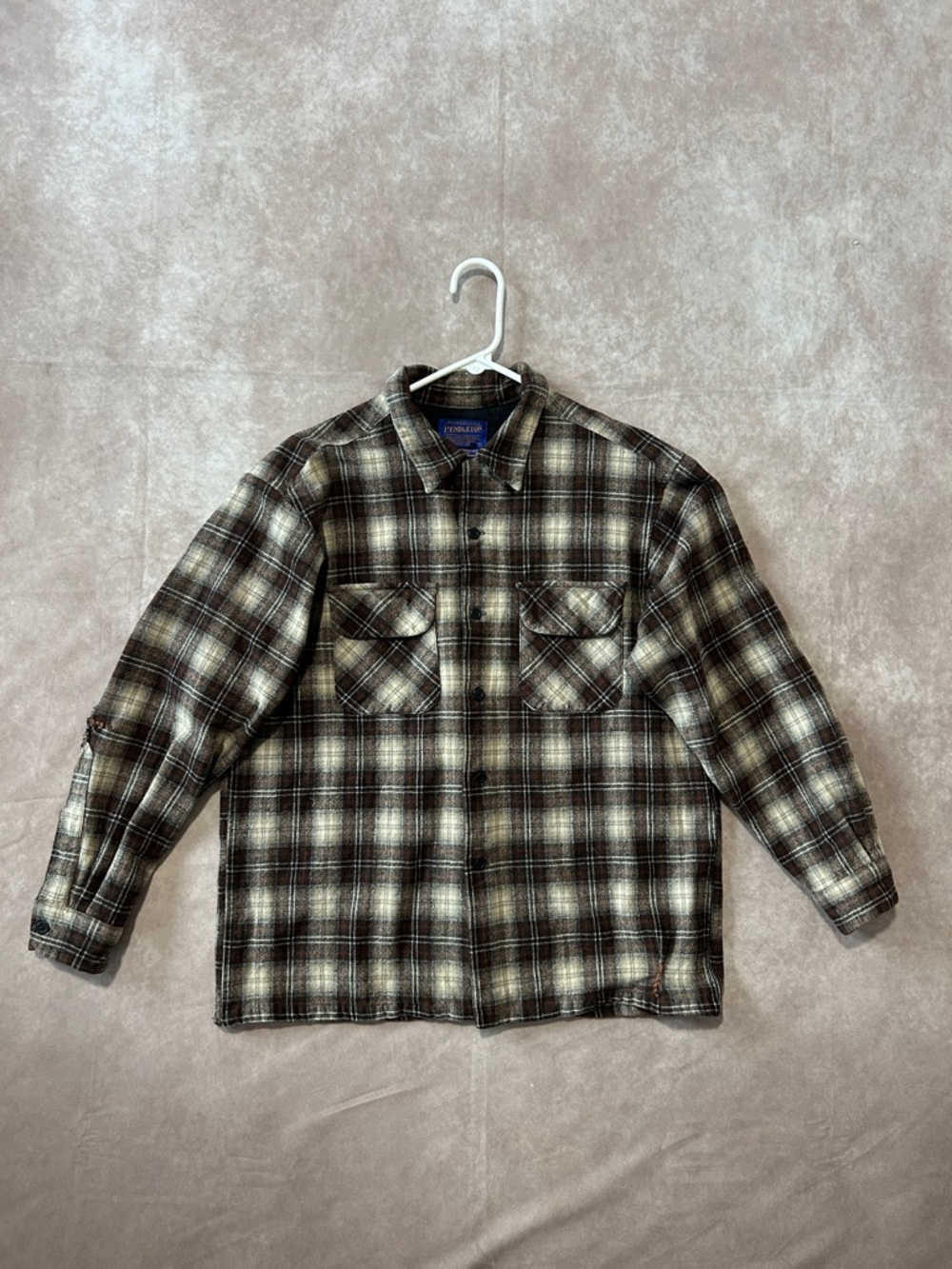 Pendleton Brown and Cream Plaid Button Down Shirt 100% Pure Virgin Wool L